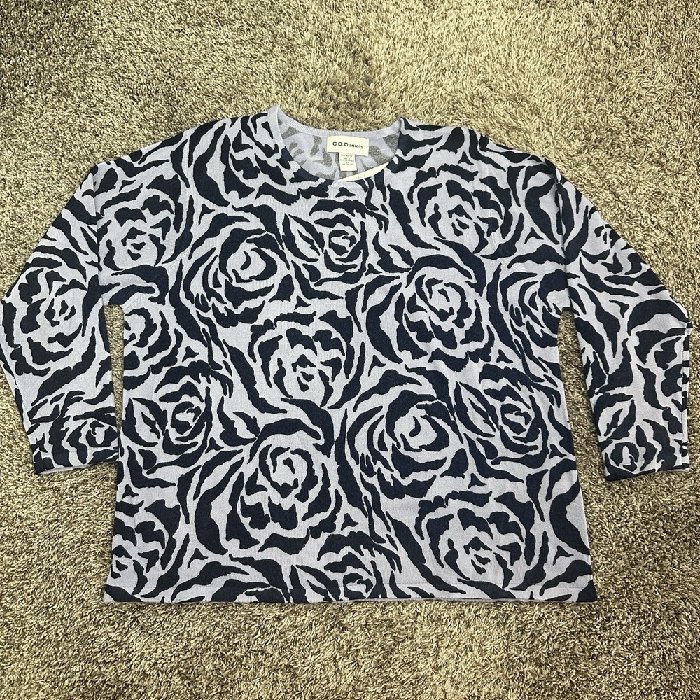 Cathy Daniels Jaquard Floral Knit Sweater Pullover Black Purple Crew Neck 2X NWT